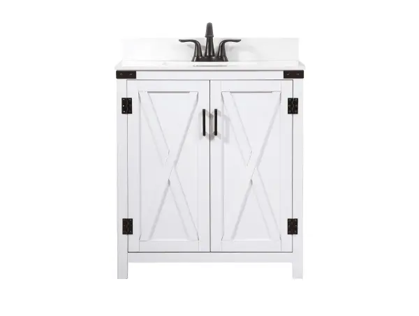 Reminiscent of barn doors, the 2 door cabinet adds both stylistic charm and function with its plethora of storage options for all your bathroom essentials. Whether for your bathroom or the guests', everyone will marvel at its classic look for traditional and farmhouse aesthetics. A slab of engineered marble rounds out the piece up top, as well as the porcelain under mount sink and predrilled faucet holes. This vanity arrives fully assembled. Comes with a matching backsplash to complete the look and protects your wall. Collection: Grant Rooms: bathroom Finish: white Width: 19.00" Height: 34.00" Length: 30.00" Weight: 104.00 lb Material: MDF Country of Origin: Malaysia Manufacturer Warranty: 1 year limited