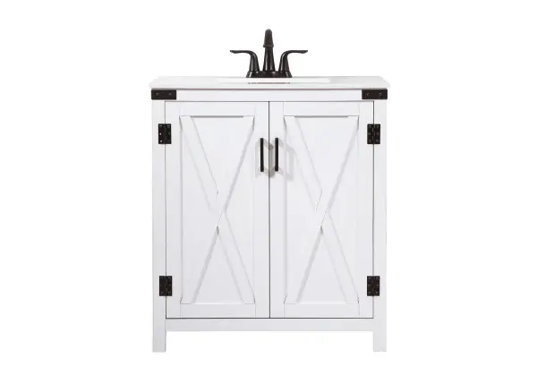 The Grant vanity brings rustic farmhouse charm to compact bathrooms with its barn door-inspired cabinet design. Engineered marble top and undermount sink provide durability and easy maintenance, while fully assembled delivery ensures hassle-free installation.
