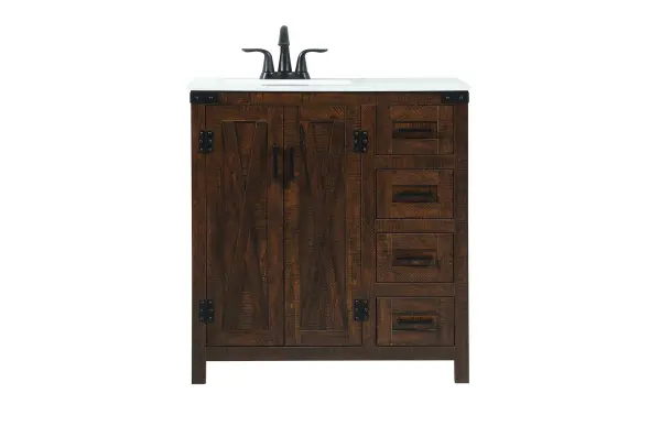 Reminiscent of barn doors, the two door cabinet and four drawers adds both stylistic charm and function with its plethora of storage options for all your bathroom essentials. Whether for your bathroom or the guests', everyone will marvel at its classic look for traditional and farmhouse aesthetics. A slab of engineered marble rounds out the piece up top, as well as the porcelain under mount sink and predrilled faucet holes. This vanity arrives fully assembled. Collection: Grant Rooms: bathroom Finish: expresso Width: 19.00" Height: 34.00" Length: 32.00" Weight: 134.00 lb Material: MDF Country of Origin: Malaysia Manufacturer Warranty: 1 year limited