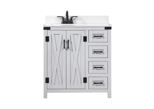 Reminiscent of barn doors, the two door cabinet and four drawers adds both stylistic charm and function with its plethora of storage options for all your bathroom essentials. Whether for your bathroom or the guests', everyone will marvel at its classic look for traditional and farmhouse aesthetics. A slab of engineered marble rounds out the piece up top, as well as the porcelain under mount sink and predrilled faucet holes. This vanity arrives fully assembled. Comes with a matching backsplash to complete the look and protects your wall. Collection: Grant Rooms: bathroom Finish: grey Width: 19.00" Height: 34.00" Length: 32.00" Weight: 143.00 lb Material: MDF Country of Origin: Malaysia Manufacturer Warranty: 1 year limited