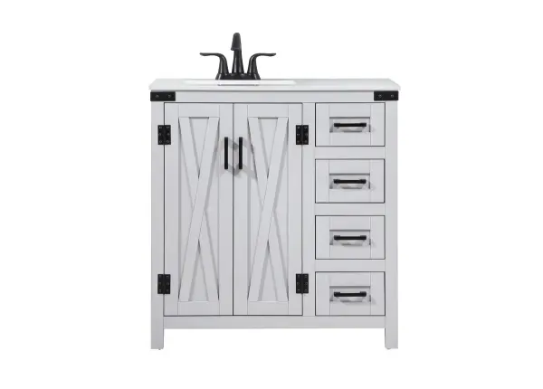Reminiscent of barn doors, the two door cabinet and four drawers adds both stylistic charm and function with its plethora of storage options for all your bathroom essentials. Whether for your bathroom or the guests', everyone will marvel at its classic look for traditional and farmhouse aesthetics. A slab of engineered marble rounds out the piece up top, as well as the porcelain under mount sink and predrilled faucet holes. This vanity arrives fully assembled. Collection: Grant Rooms: bathroom Finish: grey Width: 19.00" Height: 34.00" Length: 32.00" Weight: 134.00 lb Material: MDF Country of Origin: Malaysia Manufacturer Warranty: 1 year limited