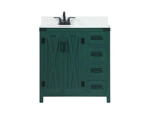 Reminiscent of barn doors, the two door cabinet and four drawers adds both stylistic charm and function with its plethora of storage options for all your bathroom essentials. Whether for your bathroom or the guests', everyone will marvel at its classic look for traditional and farmhouse aesthetics. A slab of engineered marble rounds out the piece up top, as well as the porcelain under mount sink and predrilled faucet holes. This vanity arrives fully assembled. Comes with a matching backsplash to complete the look and protects your wall. Collection: Grant Rooms: bathroom Finish: green Width: 19.00" Height: 34.00" Length: 32.00" Weight: 143.00 lb Material: MDF Country of Origin: Malaysia Manufacturer Warranty: 1 year limited