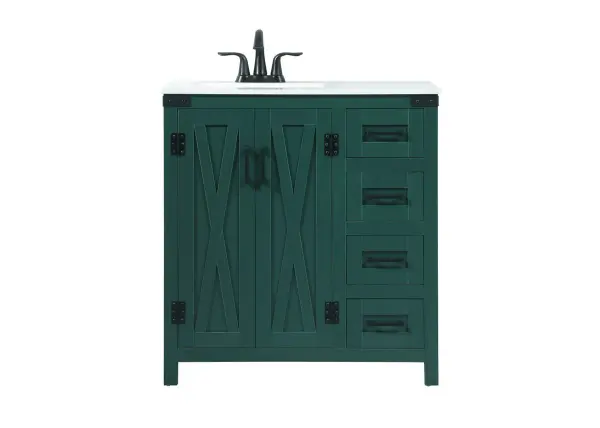 Reminiscent of barn doors, the two door cabinet and four drawers adds both stylistic charm and function with its plethora of storage options for all your bathroom essentials. Whether for your bathroom or the guests', everyone will marvel at its classic look for traditional and farmhouse aesthetics. A slab of engineered marble rounds out the piece up top, as well as the porcelain under mount sink and predrilled faucet holes. This vanity arrives fully assembled. Collection: Grant Rooms: bathroom Finish: green Width: 19.00" Height: 34.00" Length: 32.00" Weight: 134.00 lb Material: MDF Country of Origin: Malaysia Manufacturer Warranty: 1 year limited
