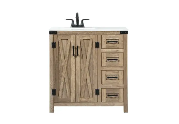 Reminiscent of barn doors, the two door cabinet and four drawers adds both stylistic charm and function with its plethora of storage options for all your bathroom essentials. Whether for your bathroom or the guests', everyone will marvel at its classic look for traditional and farmhouse aesthetics. A slab of engineered marble rounds out the piece up top, as well as the porcelain under mount sink and predrilled faucet holes. This vanity arrives fully assembled. Collection: Grant Rooms: bathroom Finish: natural oak Width: 19.00" Height: 34.00" Length: 32.00" Weight: 134.00 lb Material: MDF Country of Origin: Malaysia Manufacturer Warranty: 1 year limited