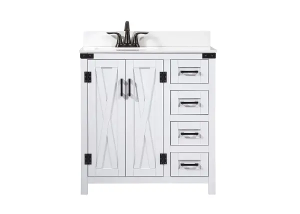 Reminiscent of barn doors, the two door cabinet and four drawers adds both stylistic charm and function with its plethora of storage options for all your bathroom essentials. Whether for your bathroom or the guests', everyone will marvel at its classic look for traditional and farmhouse aesthetics. A slab of engineered marble rounds out the piece up top, as well as the porcelain under mount sink and predrilled faucet holes. This vanity arrives fully assembled. Comes with a matching backsplash to complete the look and protects your wall. Collection: Grant Rooms: bathroom Finish: white Width: 19.00" Height: 34.00" Length: 32.00" Weight: 143.00 lb Material: MDF Country of Origin: Malaysia Manufacturer Warranty: 1 year limited