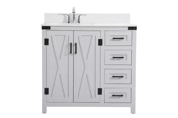 The Grant Collection 36 in. vanity is a practical and stylish upgrade for your bathroom. Its grey finish is highlighted by the engineered white stone top featuring an under-counter rectangular sink. The cross patterned cabinet doors are decorated with bold black hinges and bar pulls. The cabinet has four pullout drawers, ideal for towels, washcloths and bath accessories Comes with a matching backsplash to complete the look and protects your wall. Collection: Grant Rooms: bathroom Finish: Grey Width: 19.00" Height: 34.00" Length: 36.00" Weight: 122.00 lb Material: MDF Country of Origin: Malaysia Manufacturer Warranty: 1 year limited Spec Sheet