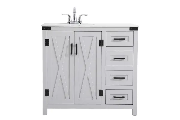The Grant Collection 36 in. vanity is a practical and stylish upgrade for your bathroom. Its grey finish is highlighted by the engineered white stone top featuring an under-counter rectangular sink. The cross patterned cabinet doors are decorated with bold black hinges and bar pulls. The cabinet has four pullout drawers, ideal for towels, washcloths and bath accessories Collection: Grant Rooms: bathroom Finish: Grey Width: 19.00" Height: 34.00" Length: 36.00" Weight: 122.00 lb Material: Engineered stone and Porcelain and steel Country of Origin: Malaysia Manufacturer Warranty: 1 year limited Spec Sheet