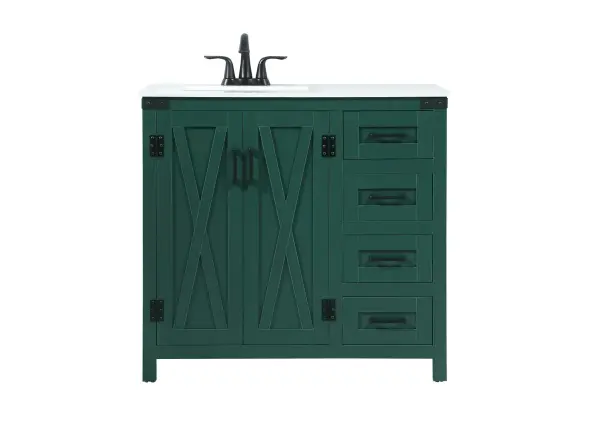 Reminiscent of barn doors, the two door cabinet and four drawers adds both stylistic charm and function with its plethora of storage options for all your bathroom essentials. Whether for your bathroom or the guests', everyone will marvel at its classic look for traditional and farmhouse aesthetics. A slab of engineered marble rounds out the piece up top, as well as the porcelain under mount sink and predrilled faucet holes. This vanity arrives fully assembled. Collection: Grant Rooms: bathroom Finish: Green Width: 19.00" Height: 34.00" Length: 36.00" Weight: 139.00 lb Material: MDF Country of Origin: Malaysia Manufacturer Warranty: 1 year limited