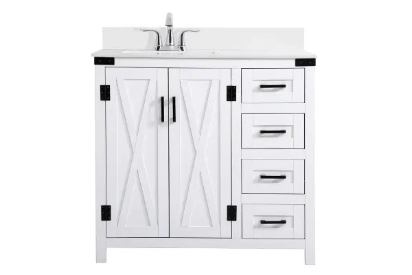 The Grant Collection 36 in. vanity is a practical and stylish upgrade for your bathroom. Its white finish is highlighted by the engineered white stone top featuring an under-counter rectangular sink. The cross patterned cabinet doors are decorated with bold black hinges and bar pulls. The cabinet has four pullout drawers, ideal for towels, washcloths and bath accessories Comes with a matching backsplash to complete the look and protects your wall. Collection: Grant Rooms: bathroom Finish: White Width: 19.00" Height: 34.00" Length: 36.00" Weight: 122.00 lb Material: MDF Country of Origin: Malaysia Manufacturer Warranty: 1 year limited Spec Sheet
