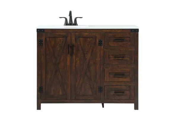 Reminiscent of barn doors, the two door cabinet and four drawers adds both stylistic charm and function with its plethora of storage options for all your bathroom essentials. Whether for your bathroom or the guests', everyone will marvel at its classic look for traditional and farmhouse aesthetics. A slab of engineered marble rounds out the piece up top, as well as the porcelain under mount sink and predrilled faucet holes. This vanity arrives fully assembled. Collection: Grant Rooms: bathroom Finish: expresso Width: 19.00" Height: 34.00" Length: 42.00" Weight: 153.00 lb Material: MDF Country of Origin: Malaysia Manufacturer Warranty: 1 year limited