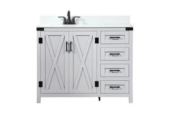 Reminiscent of barn doors, the two door cabinet and four drawers adds both stylistic charm and function with its plethora of storage options for all your bathroom essentials. Whether for your bathroom or the guests', everyone will marvel at its classic look for traditional and farmhouse aesthetics. A slab of engineered marble rounds out the piece up top, as well as the porcelain under mount sink and predrilled faucet holes. This vanity arrives fully assembled. Comes with a matching backsplash to complete the look and protects your wall. Collection: Grant Rooms: bathroom Finish: grey Width: 19.00" Height: 34.00" Length: 42.00" Weight: 170.00 lb Material: MDF Country of Origin: Malaysia Manufacturer Warranty: 1 year limited
