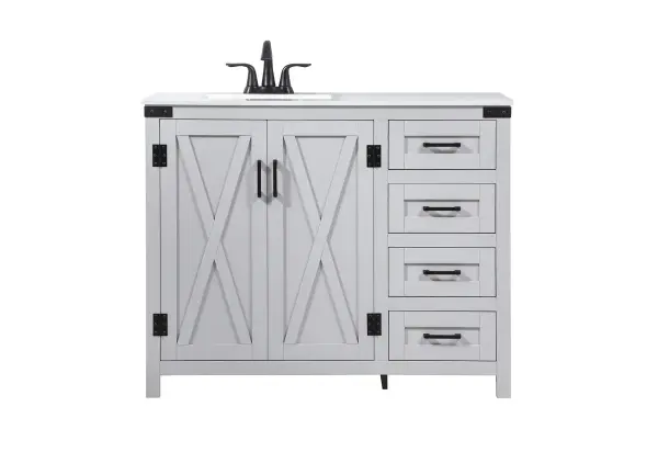 Reminiscent of barn doors, the two door cabinet and four drawers adds both stylistic charm and function with its plethora of storage options for all your bathroom essentials. Whether for your bathroom or the guests', everyone will marvel at its classic look for traditional and farmhouse aesthetics. A slab of engineered marble rounds out the piece up top, as well as the porcelain under mount sink and predrilled faucet holes. This vanity arrives fully assembled. Collection: Grant Rooms: bathroom Finish: grey Width: 19.00" Height: 34.00" Length: 42.00" Weight: 153.00 lb Material: MDF Country of Origin: Malaysia Manufacturer Warranty: 1 year limited