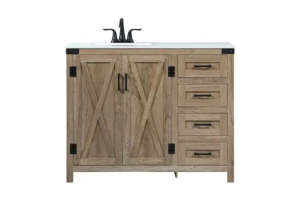 Reminiscent of barn doors, the two door cabinet and four drawers adds both stylistic charm and function with its plethora of storage options for all your bathroom essentials. Whether for your bathroom or the guests', everyone will marvel at its classic look for traditional and farmhouse aesthetics. A slab of engineered marble rounds out the piece up top, as well as the porcelain under mount sink and predrilled faucet holes. This vanity arrives fully assembled. Collection: Grant Rooms: bathroom Finish: natural oak Width: 19.00" Height: 34.00" Length: 42.00" Weight: 153.00 lb Material: MDF Country of Origin: Malaysia Manufacturer Warranty: 1 year limited
