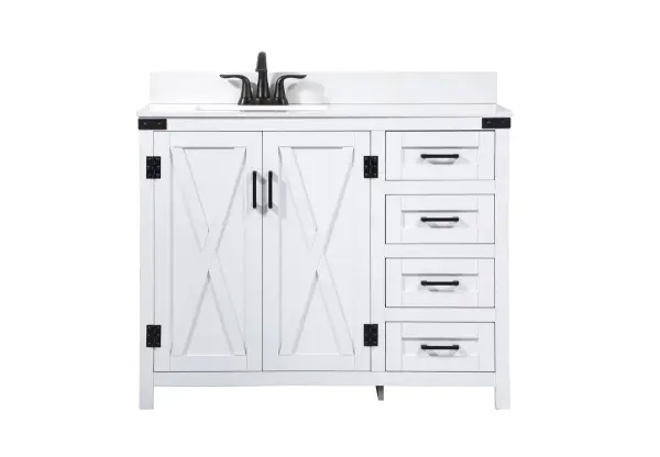 Reminiscent of barn doors, the two door cabinet and four drawers adds both stylistic charm and function with its plethora of storage options for all your bathroom essentials. Whether for your bathroom or the guests', everyone will marvel at its classic look for traditional and farmhouse aesthetics. A slab of engineered marble rounds out the piece up top, as well as the porcelain under mount sink and predrilled faucet holes. This vanity arrives fully assembled. Comes with a matching backsplash to complete the look and protects your wall. Collection: Grant Rooms: bathroom Finish: white Width: 19.00" Height: 34.00" Length: 42.00" Weight: 170.00 lb Material: MDF Country of Origin: Malaysia Manufacturer Warranty: 1 year limited
