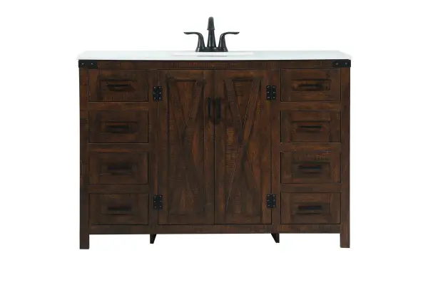 Reminiscent of barn doors, the two door cabinet and eight drawers adds both stylistic charm and function with its plethora of storage options for all your bathroom essentials. Whether for your bathroom or the guests', everyone will marvel at its classic look for traditional and farmhouse aesthetics. A slab of engineered marble rounds out the piece up top, as well as the porcelain under mount sink and predrilled faucet holes. This vanity arrives fully assembled. Collection: Grant Rooms: bathroom Finish: expresso Width: 19.00" Height: 34.00" Length: 48.00" Weight: 194.00 lb Material: MDF Country of Origin: Malaysia Manufacturer Warranty: 1 year limited