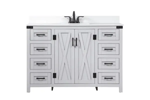 Reminiscent of barn doors, the two door cabinet and eight drawers adds both stylistic charm and function with its plethora of storage options for all your bathroom essentials. Whether for your bathroom or the guests', everyone will marvel at its classic look for traditional and farmhouse aesthetics. A slab of engineered marble rounds out the piece up top, as well as the porcelain under mount sink and predrilled faucet holes. This vanity arrives fully assembled. Comes with a matching backsplash to complete the look and protects your wall. Collection: Grant Rooms: bathroom Finish: grey Width: 19.00" Height: 34.00" Length: 48.00" Weight: 213.00 lb Material: MDF Country of Origin: Malaysia Manufacturer Warranty: 1 year limited