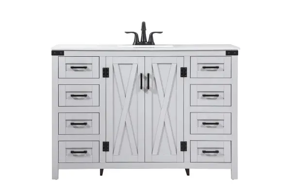 Reminiscent of barn doors, the two door cabinet and eight drawers adds both stylistic charm and function with its plethora of storage options for all your bathroom essentials. Whether for your bathroom or the guests', everyone will marvel at its classic look for traditional and farmhouse aesthetics. A slab of engineered marble rounds out the piece up top, as well as the porcelain under mount sink and predrilled faucet holes. This vanity arrives fully assembled. Collection: Grant Rooms: bathroom Finish: grey Width: 19.00" Height: 34.00" Length: 48.00" Weight: 194.00 lb Material: MDF Country of Origin: Malaysia Manufacturer Warranty: 1 year limited