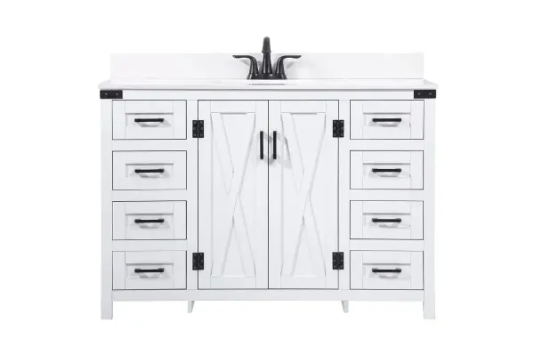 Reminiscent of barn doors, the two door cabinet and eight drawers adds both stylistic charm and function with its plethora of storage options for all your bathroom essentials. Whether for your bathroom or the guests', everyone will marvel at its classic look for traditional and farmhouse aesthetics. A slab of engineered marble rounds out the piece up top, as well as the porcelain under mount sink and predrilled faucet holes. This vanity arrives fully assembled. Comes with a matching backsplash to complete the look and protects your wall. Collection: Grant Rooms: bathroom Finish: white Width: 19.00" Height: 34.00" Length: 48.00" Weight: 213.00 lb Material: MDF Country of Origin: Malaysia Manufacturer Warranty: 1 year limited