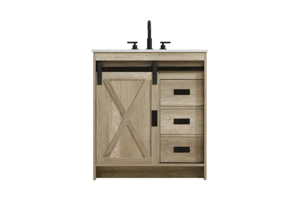 Transform your bathroom with this rustic barnyard-style vanity, designed to balance aesthetic appeal and functionality. Featuring a sliding barn door with black metal hardware and complementary handle pulls, this piece blends rugged charm with practical design. The engineered marble countertop displays unique marbling, while the porcelain undermount sink offers easy maintenance and durability. Available in Espresso, Natural Oak, and Rustic Grey finishes, this vanity suits a range of styles. It includes a deep storage drawer for larger items, a hidden shelf for towels or décor, and adjustable foot levelers for added stability on uneven floors. With pre-drilled faucet holes for easy setup, this vanity delivers style and substance to enhance your bathroom. Collection: Austin Rooms: bathroom Finish: Natural Oak Width: 30.00" Height: 22.00" Length: 30.00" Weight: 126.00 lb Material: MDF Country of Origin: Malaysia Manufacturer Warranty: 1 year limited