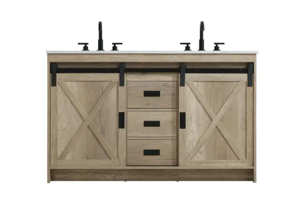 Transform your bathroom with this rustic barnyard-style vanity, designed to balance aesthetic appeal and functionality. Featuring a sliding barn door with black metal hardware and complementary handle pulls, this piece blends rugged charm with practical design. The engineered marble countertop displays unique marbling, while the porcelain undermount sink offers easy maintenance and durability. Available in Espresso, Natural Oak, and Rustic Grey finishes, this vanity suits a range of styles. It includes a deep storage drawer for larger items, a hidden shelf for towels or décor, and adjustable foot levelers for added stability on uneven floors. With pre-drilled faucet holes for easy setup, this vanity delivers style and substance to enhance your bathroom. Collection: Austin Rooms: bathroom Finish: Natural Oak Width: 54.00" Height: 22.00" Length: 54.00" Weight: 205.00 lb Material: MDF Country of Origin: Malaysia Manufacturer Warranty: 1 year limited