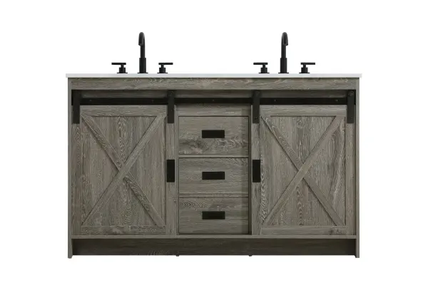 Transform your bathroom with this rustic barnyard-style vanity, designed to balance aesthetic appeal and functionality. Featuring a sliding barn door with black metal hardware and complementary handle pulls, this piece blends rugged charm with practical design. The engineered marble countertop displays unique marbling, while the porcelain undermount sink offers easy maintenance and durability. Available in Espresso, Natural Oak, and Rustic Grey finishes, this vanity suits a range of styles. It includes a deep storage drawer for larger items, a hidden shelf for towels or décor, and adjustable foot levelers for added stability on uneven floors. With pre-drilled faucet holes for easy setup, this vanity delivers style and substance to enhance your bathroom. Collection: Austin Rooms: bathroom Finish: Rustic Grey Width: 54.00" Height: 22.00" Length: 54.00" Weight: 205.00 lb Material: MDF Country of Origin: Malaysia Manufacturer Warranty: 1 year limited