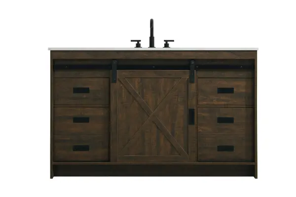 Transform your bathroom with this rustic barnyard-style vanity, designed to balance aesthetic appeal and functionality. Featuring a sliding barn door with black metal hardware and complementary handle pulls, this piece blends rugged charm with practical design. The engineered marble countertop displays unique marbling, while the porcelain undermount sink offers easy maintenance and durability. Available in Espresso, Natural Oak, and Rustic Grey finishes, this vanity suits a range of styles. It includes a deep storage drawer for larger items, a hidden shelf for towels or décor, and adjustable foot levelers for added stability on uneven floors. With pre-drilled faucet holes for easy setup, this vanity delivers style and substance to enhance your bathroom. Collection: Austin Rooms: bathroom Finish: Expresso Width: 54.00" Height: 22.00" Length: 54.00" Weight: 220.00 lb Material: MDF Country of Origin: Malaysia Manufacturer Warranty: 1 year limited