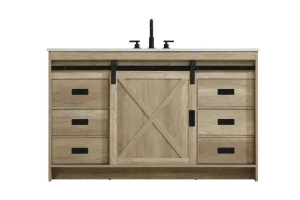 Transform your bathroom with this rustic barnyard-style vanity, designed to balance aesthetic appeal and functionality. Featuring a sliding barn door with black metal hardware and complementary handle pulls, this piece blends rugged charm with practical design. The engineered marble countertop displays unique marbling, while the porcelain undermount sink offers easy maintenance and durability. Available in Espresso, Natural Oak, and Rustic Grey finishes, this vanity suits a range of styles. It includes a deep storage drawer for larger items, a hidden shelf for towels or décor, and adjustable foot levelers for added stability on uneven floors. With pre-drilled faucet holes for easy setup, this vanity delivers style and substance to enhance your bathroom. Collection: Austin Rooms: bathroom Finish: Natural Oak Width: 54.00" Height: 22.00" Length: 54.00" Weight: 220.00 lb Material: MDF Country of Origin: Malaysia Manufacturer Warranty: 1 year limited