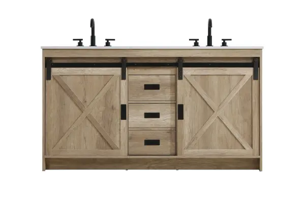 Transform your bathroom with this rustic barnyard-style vanity, designed to balance aesthetic appeal and functionality. Featuring a sliding barn door with black metal hardware and complementary handle pulls, this piece blends rugged charm with practical design. The engineered marble countertop displays unique marbling, while the porcelain undermount sink offers easy maintenance and durability. Available in Espresso, Natural Oak, and Rustic Grey finishes, this vanity suits a range of styles. It includes a deep storage drawer for larger items, a hidden shelf for towels or décor, and adjustable foot levelers for added stability on uneven floors. With pre-drilled faucet holes for easy setup, this vanity delivers style and substance to enhance your bathroom. Collection: Austin Rooms: bathroom Finish: Natural Oak Width: 60.00" Height: 22.00" Length: 60.00" Weight: 222.00 lb Material: MDF Country of Origin: Malaysia Manufacturer Warranty: 1 year limited