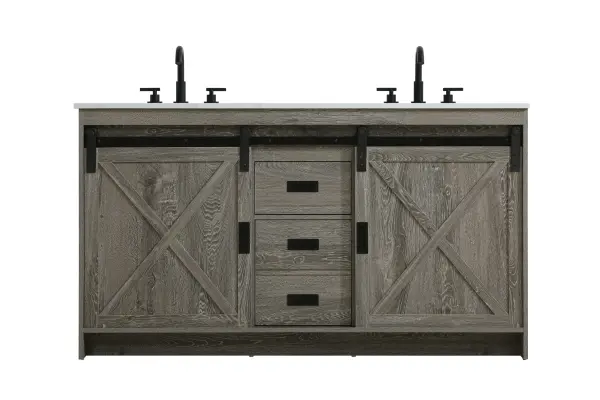 Transform your bathroom with this rustic barnyard-style vanity, designed to balance aesthetic appeal and functionality. Featuring a sliding barn door with black metal hardware and complementary handle pulls, this piece blends rugged charm with practical design. The engineered marble countertop displays unique marbling, while the porcelain undermount sink offers easy maintenance and durability. Available in Espresso, Natural Oak, and Rustic Grey finishes, this vanity suits a range of styles. It includes a deep storage drawer for larger items, a hidden shelf for towels or décor, and adjustable foot levelers for added stability on uneven floors. With pre-drilled faucet holes for easy setup, this vanity delivers style and substance to enhance your bathroom. Collection: Austin Rooms: bathroom Finish: Rustic Grey Width: 60.00" Height: 22.00" Length: 60.00" Weight: 222.00 lb Material: MDF Country of Origin: Malaysia Manufacturer Warranty: 1 year limited
