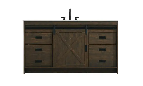 Transform your bathroom with this rustic barnyard-style vanity, designed to balance aesthetic appeal and functionality. Featuring a sliding barn door with black metal hardware and complementary handle pulls, this piece blends rugged charm with practical design. The engineered marble countertop displays unique marbling, while the porcelain undermount sink offers easy maintenance and durability. Available in Espresso, Natural Oak, and Rustic Grey finishes, this vanity suits a range of styles. It includes a deep storage drawer for larger items, a hidden shelf for towels or décor, and adjustable foot levelers for added stability on uneven floors. With pre-drilled faucet holes for easy setup, this vanity delivers style and substance to enhance your bathroom. Collection: Austin Rooms: bathroom Finish: Expresso Width: 60.00" Height: 22.00" Length: 60.00" Weight: 237.00 lb Material: MDF Country of Origin: Malaysia Manufacturer Warranty: 1 year limited