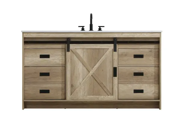 Transform your bathroom with this rustic barnyard-style vanity, designed to balance aesthetic appeal and functionality. Featuring a sliding barn door with black metal hardware and complementary handle pulls, this piece blends rugged charm with practical design. The engineered marble countertop displays unique marbling, while the porcelain undermount sink offers easy maintenance and durability. Available in Espresso, Natural Oak, and Rustic Grey finishes, this vanity suits a range of styles. It includes a deep storage drawer for larger items, a hidden shelf for towels or décor, and adjustable foot levelers for added stability on uneven floors. With pre-drilled faucet holes for easy setup, this vanity delivers style and substance to enhance your bathroom. Collection: Austin Rooms: bathroom Finish: Natural Oak Width: 60.00" Height: 22.00" Length: 60.00" Weight: 237.00 lb Material: MDF Country of Origin: Malaysia Manufacturer Warranty: 1 year limited