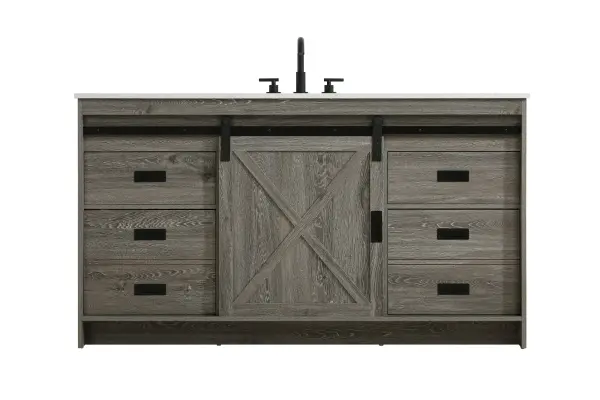 Transform your bathroom with this rustic barnyard-style vanity, designed to balance aesthetic appeal and functionality. Featuring a sliding barn door with black metal hardware and complementary handle pulls, this piece blends rugged charm with practical design. The engineered marble countertop displays unique marbling, while the porcelain undermount sink offers easy maintenance and durability. Available in Espresso, Natural Oak, and Rustic Grey finishes, this vanity suits a range of styles. It includes a deep storage drawer for larger items, a hidden shelf for towels or décor, and adjustable foot levelers for added stability on uneven floors. With pre-drilled faucet holes for easy setup, this vanity delivers style and substance to enhance your bathroom. Collection: Austin Rooms: bathroom Finish: Rustic Grey Width: 60.00" Height: 22.00" Length: 60.00" Weight: 237.00 lb Material: MDF Country of Origin: Malaysia Manufacturer Warranty: 1 year limited