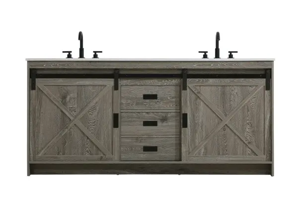 Transform your bathroom with this rustic barnyard-style vanity, designed to balance aesthetic appeal and functionality. Featuring a sliding barn door with black metal hardware and complementary handle pulls, this piece blends rugged charm with practical design. The engineered marble countertop displays unique marbling, while the porcelain undermount sink offers easy maintenance and durability. Available in Espresso, Natural Oak, and Rustic Grey finishes, this vanity suits a range of styles. It includes a deep storage drawer for larger items, a hidden shelf for towels or décor, and adjustable foot levelers for added stability on uneven floors. With pre-drilled faucet holes for easy setup, this vanity delivers style and substance to enhance your bathroom. Collection: Austin Rooms: bathroom Finish: Rustic Grey Width: 72.00" Height: 22.00" Length: 72.00" Weight: 276.00 lb Material: MDF Country of Origin: Malaysia Manufacturer Warranty: 1 year limited