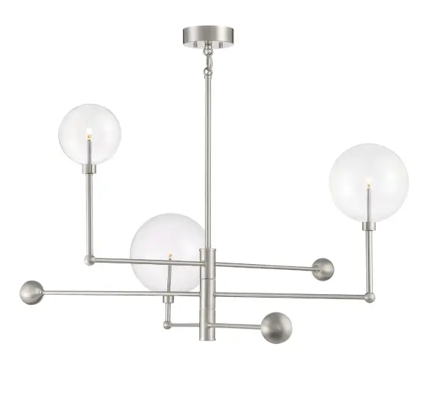 This Meridian 3-light chandelier showcases clean, minimal styling with hand-blown orbs of clear glass and a brushed nickel finish. Counterbalances on the end of each arm make this chandelier movable and adjustable! Bi-pin T4 LED bulbs included. Rooms: Bedroom, Closet, Dining Room, Entryway, Family Room, Foyer, Great Room, Kitchen, Living Room, Lobby, Waiting Room, Media Room Finish: Brushed Nickel Glass: Clear Width: 46.00" Height: 25.00" Length: 46.00" Weight: 10.12 lb Wire: Wire Included: 80" Rod: 4 x 12" & 1 x 6" Canopy: 1.5"x5.13"x5.5" Bulbs Included Number of Bulbs: 3 Maximum Wattage: 2.00 W Bulb Type: T4 Bulb Base: Bi-Pin Light Source: LED Light Output: 180.00 lm Color Temperature: 3000 K CRI: 90 Dimmable Voltage: 120.00 V Material: Metal, Glass Safety Listing: UL/CUL Safety Rating: Dry LED