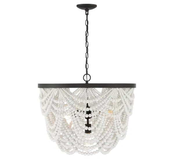 Cascading rows of white wood beads drape down the frame of this Meridian 5-light chandelier, pairing beautifully with the oil rubbed bronze finish. 20" height and 24" width. Max 60 watts per bulb, standard size A19 bulbs recommended. LED bulb compatible. Supplied with 120" of chain. Rooms: Bedroom, Closet, Dining Room, Entryway, Family Room, Foyer, Great Room, Kitchen, Living Room, Lobby, Waiting Room, Media Room Finish: Grecian White with Oil Rubbed Bronze Width: 24.00" Height: 20.00" Length: 24.00" Weight: 25.30 lb Chain: 1 x 120" Wire: 144" Canopy: 1.02"x5.13"x4.96" Number of Bulbs: 5 Maximum Wattage: 60.00 W Bulb Type: E26 Bulb Base: E26 Light Source: Incandescent/LED Dimmable Voltage: 120.00 V Material: Metal, Wood Safety Listing: UL/CUL Safety Rating: Dry LED
