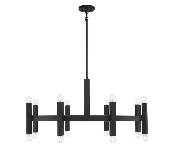 Large in both scale and style, this Meridian 16-light chandelier has a streamlined and contemporary look with vertical bars on a circular frame. Finished in matte black. 20" height and 40.5" width. Max height 74". Max 60 watts per bulb, candelabra size C11 bulbs recommended. LED bulb compatible. Supplied with four 12" rods and one 6" rod. Rooms: Bedroom, Closet, Dining Room, Entryway, Family Room, Foyer, Great Room, Kitchen, Living Room, Lobby, Waiting Room, Media Room Finish: Matte Black Notes: Dual Mount Hanging System for flat or sloped ceilings. Width: 40.50" Height: 20.00" Length: 40.50" Weight: 18.36 lb Wire: 80" Rod: 4 x 12" & 1 x 6" Canopy: 0.79"x5.12"x5.12" Number of Bulbs: 16 Maximum Wattage: 60.00 W Bulb Type: E-12 Bulb Base: E12 Light Source: Incandescent/LED Dimmable Voltage: 120.00 V Material: Metal Safety Listing: ETL/CETL Safety Rating: Dry LED