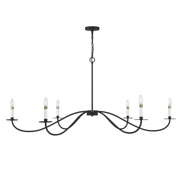Perfectly proportioned for large spaces, this Meridian 6-light chandelier showcases long matte black arms topped by white candle sleeves with subtle brass accents. It's a great classic look for big rooms! 26" height, 60" width. Max 60 watts per bulb, candelabra size C11 bulbs recommended. LED bulb compatible. Supplied with 120" of chain. Rooms: Bedroom, Closet, Dining Room, Entryway, Family Room, Foyer, Great Room, Kitchen, Living Room, Lobby, Waiting Room, Media Room Finish: Matte Black Width: 60.00" Height: 26.00" Length: 60.00" Weight: 8.48 lb Chain: 1 x 120" Wire: 144" Canopy: 0.75"x5.13"x5" Number of Bulbs: 6 Maximum Wattage: 60.00 W Bulb Type: E-12 Bulb Base: E12 Light Source: Incandescent/LED Dimmable Voltage: 120.00 V Material: Metal Safety Listing: UL/CUL Safety Rating: Dry LED