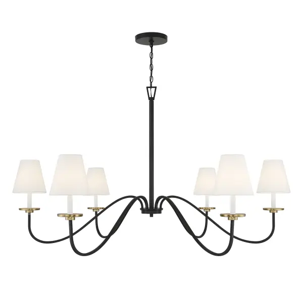 Perfectly proportioned for large spaces, this Meridian 6-light chandelier showcases long matte black arms with subtle brass accents, topped by white candle sleeves and white linen shades. It's a great classic look for big rooms! 33.38" height, 60" width. Max 60 watts per bulb, candelabra size C11 bulbs recommended. LED bulb compatible. Supplied with 120" of chain. Rooms: Bedroom, Closet, Dining Room, Entryway, Family Room, Foyer, Great Room, Kitchen, Living Room, Lobby, Waiting Room, Media Room Finish: Black with Natural Brass Accents Glass: White Linen Fabric Width: 60.00" Height: 33.38" Length: 60.00" Weight: 15.88 lb Chain: 1 x 120" Wire: 144" Canopy: 1"x7"x7" Number of Bulbs: 6 Maximum Wattage: 60.00 W Bulb Type: E-12 Bulb Base: E12 Light Source: Incandescent/LED Dimmable Voltage: 120.00 V Material: Metal, Fabric Safety Listing: UL/CUL Safety Rating: Dry LED