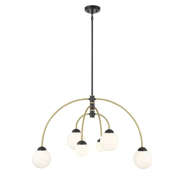 This 6-light chandelier offers up a fashionable vintage-inspired look for today's homes! It flaunts a chic two-tone finish of Matte Black with Natural Brass and adjustable arms that hold orbs of white opal glass. 22" height and 38" width. Adjustable height ranges from 28" to 76". Uses six 40-watt G9 bulbs. Supplied with four 12" downrods and one 6" downrod. Uses a dual mount hanging system for flat or sloped ceilings. Rooms: Bedroom, Closet, Dining Room, Entryway, Family Room, Foyer, Great Room, Kitchen, Living Room, Lobby, Waiting Room, Media Room Finish: Matte Black with Natural Brass Glass: White Glass Width: 38.00" Height: 22.00" Weight: 7.04 lb Wire: 80" Rod: 4 x 12" & 1 x 6" Canopy: 1"x5"x5" Number of Bulbs: 6 Maximum Wattage: 40.00 W Bulb Type: G9 Bulb Base: G9 Light Source: Incandescent/LED Dimmable Voltage: 120.00 V Material: Metal, Glass Safety Listing: UL/CUL Safety Rating: Dry LED