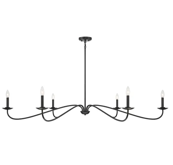 Do you have a large room in need of an appropriately-sized light? This 6-light chandelier is an excellent choice for big spaces! Its wide yet slim design ensures that it will not take up too much visual space, plus its Matte Black finish is versatile and on-trend. 8" height and 62" width. Adjustable height ranges from 14" to 62". Uses six candelabra size bulbs with a max of 60 watts per bulb (not included). Supplied with four 12" downrods and one 6" downrod. Uses a dual mount hanging system for flat or sloped ceilings. Rooms: Bedroom, Closet, Dining Room, Entryway, Family Room, Foyer, Great Room, Kitchen, Living Room, Lobby, Waiting Room, Media Room Finish: Matte Black Width: 62.00" Height: 8.00" Length: 62.00" Weight: 6.78 lb Wire: 80" Rod: 4 x 12" & 1 x 6" Canopy: 1"x5.13"x5.13" Number of Bulbs: 6 Maximum Wattage: 60.00 W Bulb Type: E12 Bulb Base: E12 Light Source: Incandescent/LED Dimmable Voltage: 120.00 V Material: Metal Safety Listing: UL/CUL Safety Rating: Dry LED