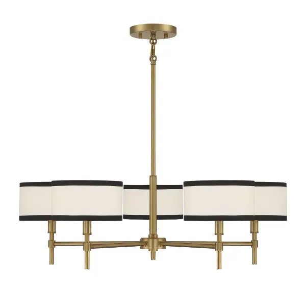 Thoughtfully designed and crisply tailored, this Meridian 5-light chandelier will bring bright style to any space. The white fabric shades are edged in black for two-tone appeal that pairs well with the natural brass finish. 9" height, 30" width. Max height 63". Max 60 watts per bulb, candelabra size C11 bulbs recommended. LED bulb compatible. Supplied with four 12" rods and one 6" rod. Rooms: Bedroom, Closet, Dining Room, Entryway, Family Room, Foyer, Great Room, Kitchen, Living Room, Lobby, Waiting Room, Media Room Finish: Natural Brass Glass: White Fabric with Black Binding Width: 30.00" Height: 9.00" Length: 30.00" Weight: 4.65 lb Wire: 80" Rod: 4 x 12" & 1 x 6" Canopy: 0.75"x5.13"x5" Number of Bulbs: 5 Maximum Wattage: 60.00 W Bulb Type: E12 Bulb Base: E12 Light Source: Incandescent/LED Dimmable Voltage: 120.00 V Material: Metal, Fabric Safety Listing: UL/CUL Safety Rating: Dry LED