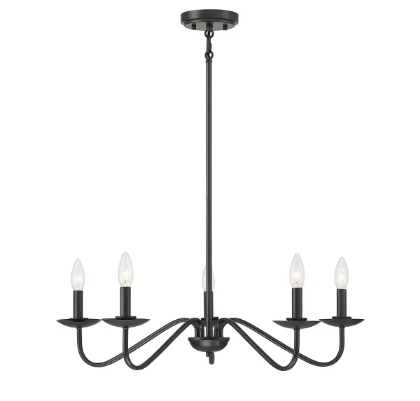 This 5-light chandelier has a streamlined design that works perfectly in a variety of spaces and decor styles, from traditional to rustic and more! It is finished in Matte Black for a look that is delightfully on-trend. 7" height and 28" width. Adjustable height ranges from 13" to 61". Uses five candelabra size bulbs with a max of 60 watts per bulb (not included). Supplied with four 12" downrods and one 6" downrod. Uses a dual mount hanging system for flat or sloped ceilings. Rooms: Bedroom, Closet, Dining Room, Entryway, Family Room, Foyer, Great Room, Kitchen, Living Room, Lobby, Waiting Room, Media Room Finish: Matte Black Width: 28.00" Height: 7.00" Length: 28.00" Weight: 4.84 lb Wire: 80" Rod: 4 x 12" & 1 x 6" Canopy: 1"x5.13"x5.13" Number of Bulbs: 5 Maximum Wattage: 60.00 W Bulb Type: E12 Bulb Base: E12 Light Source: Incandescent/LED Dimmable Voltage: 120.00 V Material: Metal Safety Listing: UL/CUL Safety Rating: Dry LED