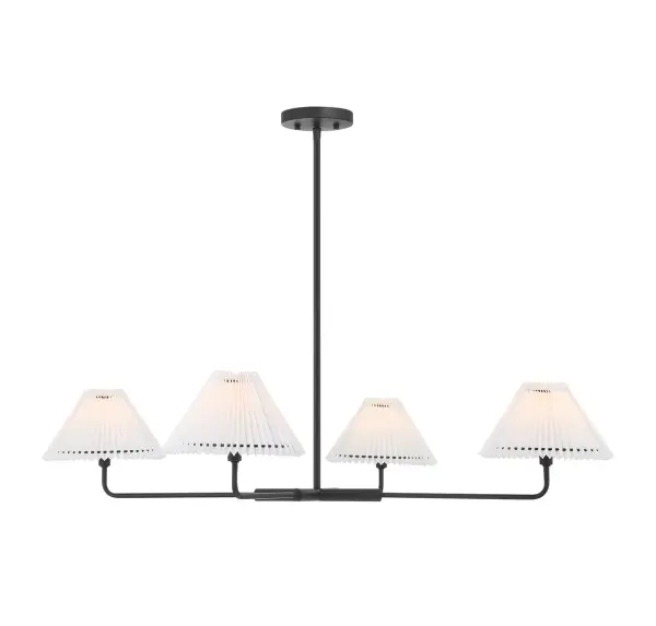 Find a polished and elegant lighting look with this 4-light chandelier, which features minimalistic styling and crisp white pleated fabric shades. Finished in matte black. 12.25" height and 41" width. Uses four candelabra size bulbs with a max of 60 watts per bulb (not included). Supplied with four 12" downrods and one 6" downrod. Rooms: Bedroom, Closet, Dining Room, Entryway, Family Room, Foyer, Great Room, Kitchen, Living Room, Lobby, Waiting Room, Media Room Finish: Matte Black Glass: White Pleated Fabric Width: 41.00" Height: 12.25" Length: 41.00" Weight: 4.60 lb Wire: 80" Rod: 4 x 12" & 1 x 6" Canopy: 1"x5.13"x5.13" Number of Bulbs: 4 Maximum Wattage: 60.00 W Bulb Type: E12 Bulb Base: E12 Light Source: Incandescent/LED Dimmable Voltage: 120.00 V Material: Metal, Fabric Safety Listing: UL/CUL Safety Rating: Dry LED Spec Sheet