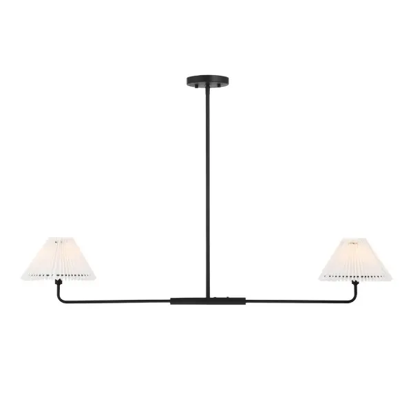 Find a polished and elegant lighting look with this 2-light trestle, which features minimalistic styling and crisp white pleated fabric shades. Finished in matte black. 11" height, 44" length and 9" width. Uses two candelabra size bulbs with a max of 60 watts per bulb (not included). Supplied with four 12" downrods and one 6" downrod. Rooms: Billiard Room, Dining Room, Family Room, Great Room, Kitchen, Living Room, Lobby, Waiting Room, Media Room Finish: Matte Black Glass: White Pleated Fabric Width: 9.00" Height: 11.00" Length: 44.00" Weight: 2.60 lb Wire: 80" Rod: 4 x 12" & 1 x 6" Canopy: 1"x5.13"x5.13" Number of Bulbs: 2 Maximum Wattage: 60.00 W Bulb Type: E12 Bulb Base: E12 Light Source: Incandescent/LED Dimmable Voltage: 120.00 V Material: Metal, Fabric Safety Listing: UL/CUL Safety Rating: Dry LED Spec Sheet