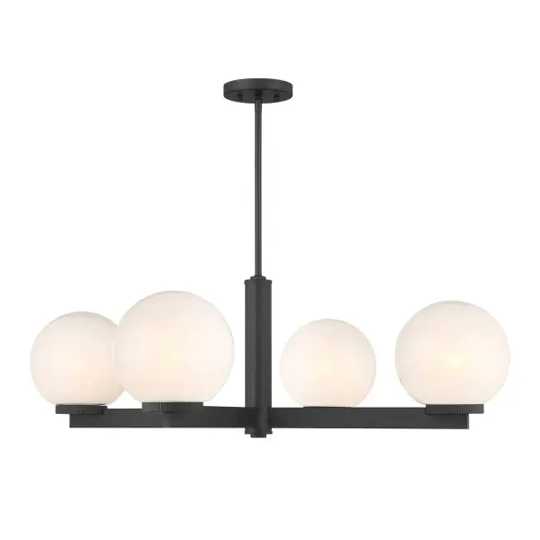 This 4-light chandelier flaunts a fabulously Art Deco look. Each slim, straight arm is topped with an orb of strie glass featuring dazzling swirls that draw the eye, soften the glow and work beautifully with the Matte Black finish. Knurled detailing below each glass shade adds an extra touch of style. This chandelier is 38" in width and has an adjustable height ranging from 12" to 66". Comes with four 12" downrods and one 6" downrod. Uses 4 standard size bulbs of up to 60 watts per bulb. Bulbs not included. Rooms: Bedroom, Closet, Dining Room, Entryway, Family Room, Foyer, Great Room, Kitchen, Living Room, Lobby, Waiting Room, Media Room Finish: Matte Black Glass: White Strie Width: 38.00" Height: 12.00" Length: 38.00" Weight: 19.14 lb Wire: 80" Rod: 4 x 12" & 1 x 6" Canopy: 0.78"x5.1"x5.1" Number of Bulbs: 4 Maximum Wattage: 60.00 W Bulb Type: E26 Bulb Base: E26 Light Source: Incandescent/LED Dimmable Voltage: 120.00 V Material: Metal, Glass Safety Listing: ETL Safety Rating: Dry LED