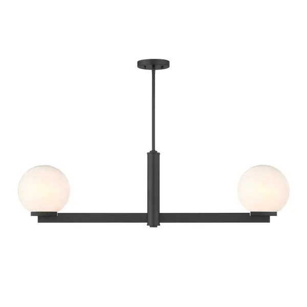 This 2-light linear chandelier flaunts a fabulously Art Deco look. The slim, straight arms are each topped with an orb of strie glass featuring dazzling swirls that draw the eye, soften the glow and work beautifully with the Matte Black finish. Knurled detailing below each glass shade adds an extra touch of style. This linear chandelier is 42" in length, 8" in width and has an adjustable height ranging from 12" to 66". Comes with four 12" downrods and one 6" downrod. Uses 2 standard size bulbs of up to 60 watts per bulb. Bulbs not included. Rooms: Bedroom, Closet, Dining Room, Entryway, Family Room, Foyer, Great Room, Kitchen, Living Room, Lobby, Waiting Room, Media Room Finish: Matte Black Glass: White Strie Width: 8.00" Height: 12.00" Length: 42.00" Weight: 10.34 lb Wire: 80" Rod: 4 x 12" & 1 x 6" Canopy: 0.78"x5.1"x5.1" Number of Bulbs: 2 Maximum Wattage: 60.00 W Bulb Type: E26 Bulb Base: E26 Light Source: Incandescent/LED Dimmable Voltage: 120.00 V Material: Metal, Glass Safety Listing: ETL Safety Rating: Dry LED