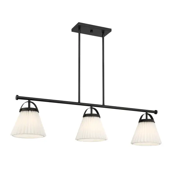Add a prim and polished lighting look to kitchen islands, dining rooms, billiards rooms or any other stylish spaces with this 3-light linear chandelier. White knife-pleat shades pair nicely with the Matte Black finish and look sharp whether the lights are on or off. This linear chandelier is 39" in length, 8" in width and has an adjustable height ranging from 10" to 64". It comes with eight 12" downrods and two 6" downrods. Uses 3 standard size bulbs of up to 60 watts per bulb. Bulbs not included. Rooms: Bedroom, Closet, Dining Room, Entryway, Family Room, Foyer, Great Room, Kitchen, Living Room, Lobby, Waiting Room, Media Room Finish: Matte Black Width: 8.00" Height: 10.00" Length: 39.00" Weight: 8.03 lb Wire: 80" Rod: 8 x 12"& 2 x 6" Canopy: 0.78"x9.44"x5" Number of Bulbs: 3 Maximum Wattage: 60.00 W Bulb Type: E26 Bulb Base: E26 Light Source: Incandescent/LED Dimmable Voltage: 120.00 V Material: Metal, Fabric Safety Listing: ETL Safety Rating: Dry LED