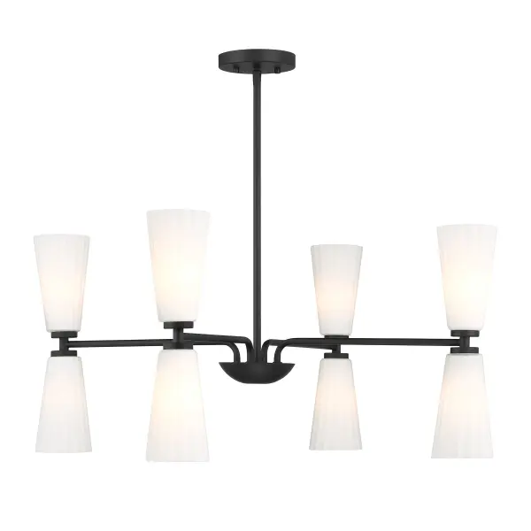 Timelessly beautiful and elegant, this 8-light chandelier is sure to brighten your home in style. Its alluring white fluted glass shades add a thoughtful touch of texture and pair nicely with the Matte Black finish. The height is adjustable from 14.5" to 74.5" and the width is 32". It comes with four 12" downrods and one 6" downrod. Uses 8 candelabra size bulbs of up to 60 watts per bulb. Bulbs not included. Rooms: Bedroom, Closet, Dining Room, Entryway, Family Room, Foyer, Great Room, Kitchen, Living Room, Lobby, Waiting Room, Media Room Finish: Matte Black Glass: White Fluted Width: 32.00" Height: 14.50" Length: 32.00" Weight: 10.78 lb Wire: 80" Rod: 4 x 12" & 1 x 6" Canopy: 0.78"x5.1"x5.1" Number of Bulbs: 8 Maximum Wattage: 60.00 W Bulb Type: Candelabra Bulb Base: E12 Light Source: Incandescent/LED Dimmable Voltage: 120.00 V Material: Metal, Glass Safety Listing: ETL Safety Rating: Dry LED