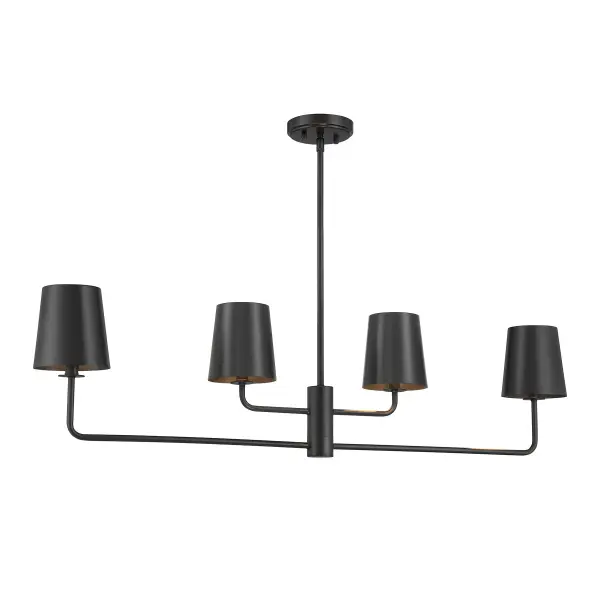 Heighten the drama in your home with this chic 4-light linear chandelier. The whole fixture, including the metal shades, is finished in Matte Black for a glow that is boldly concentrated like a spotlight. Plus, you can adjust the two tiers of arms to really customize the look. This linear chandelier is 42" in length, 17.25" in width and has an adjustable height ranging from 10" to 64". It comes with four 12" downrods and one 6" downrod. Uses 4 standard size bulbs of up to 60 watts per bulb. Bulbs not included. Rooms: Bedroom, Closet, Dining Room, Entryway, Family Room, Foyer, Great Room, Kitchen, Living Room, Lobby, Waiting Room, Media Room Finish: Matte Black Width: 17.25" Height: 10.00" Length: 42.00" Weight: 7.48 lb Wire: 80" Rod: 4 x 12" & 1 x 6" Canopy: 1"x5.11"x5.11" Number of Bulbs: 4 Maximum Wattage: 60.00 W Bulb Type: E26 Bulb Base: E26 Light Source: Incandescent/LED Dimmable Voltage: 120.00 V Material: Metal Safety Listing: ETL Safety Rating: Dry LED