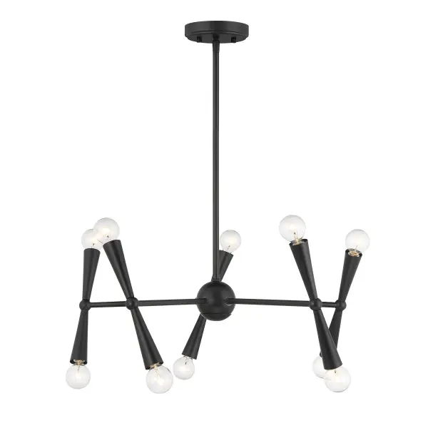 Make a scene with the unique silhouette of this 10-light chandelier! Cone-shaped arms finished in Matte Black burst forth from the center, jutting out at jaunty angles and bearing bare bulbs to let the light shine brightly. This chandelier is 24" in width and has an adjustable height ranging from 10" to 64". Comes with four 12" downrods and one 6" downrod. Uses 10 candelabra size bulbs of up to 60 watts per bulb. We recommend using globe-shaped bulbs for heightened appeal. Bulbs not included. Rooms: Bedroom, Closet, Dining Room, Entryway, Family Room, Foyer, Great Room, Kitchen, Living Room, Lobby, Waiting Room, Media Room Finish: Matte Black Width: 24.00" Height: 10.00" Length: 24.00" Weight: 5.87 lb Wire: 80" Rod: 4 x 12" & 1 x 6" Canopy: 1"x5.12"x5.12" Number of Bulbs: 10 Maximum Wattage: 60.00 W Bulb Type: Candelabra Bulb Base: E12 Light Source: Incandescent/LED Dimmable Voltage: 120.00 V Material: Metal Safety Listing: ETL Safety Rating: Dry LED